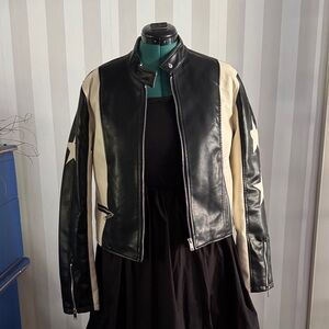 Black and Cream Faux Leather Jacket with Star Accents